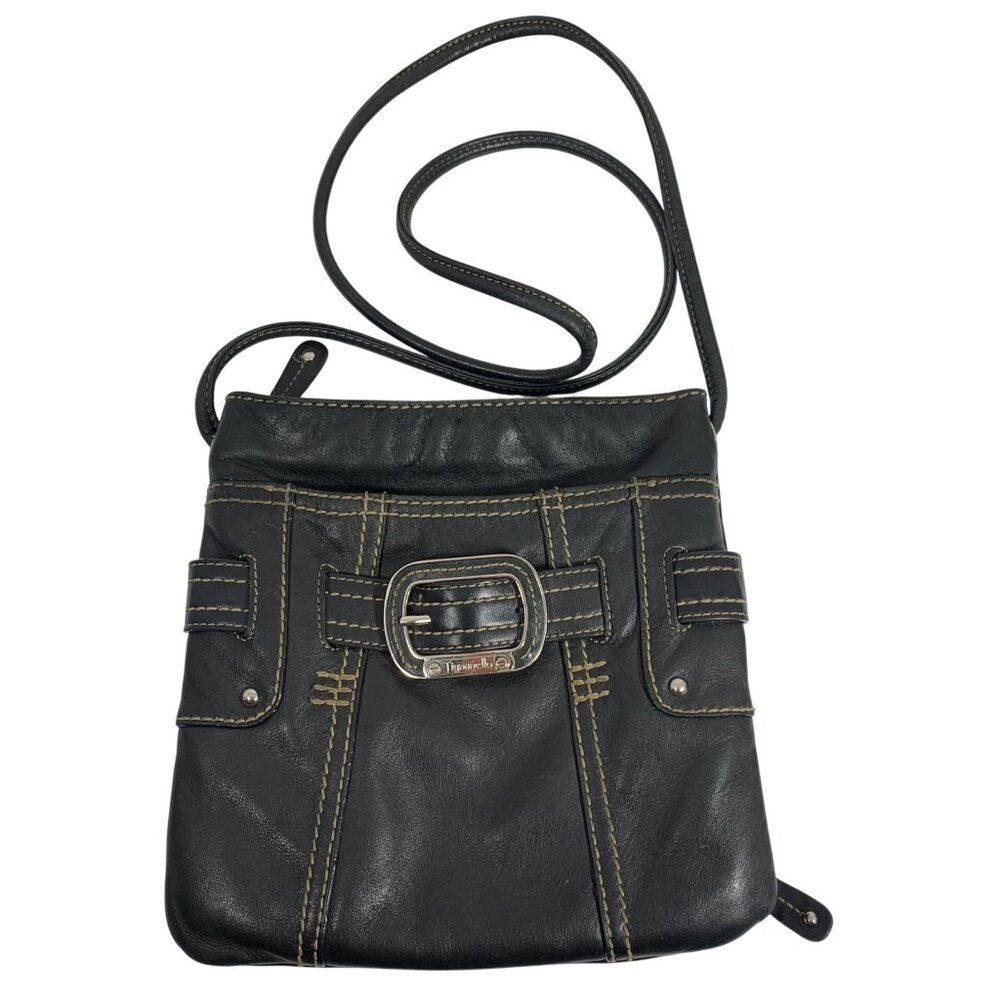 TIGNANELLO Vintage Black Leather Buckle Front Crossbody Travel Everyday Bag